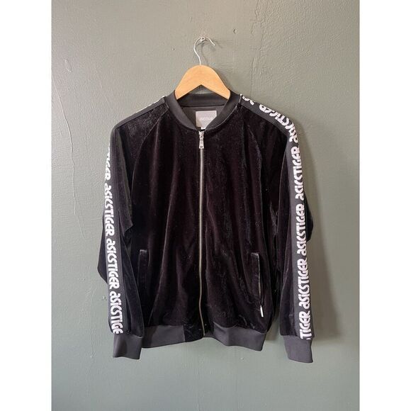 Asics Tiger Black & White Velour Full Zip Track Jacket Retro Logo Stripes Size S - Picture 1 of 3